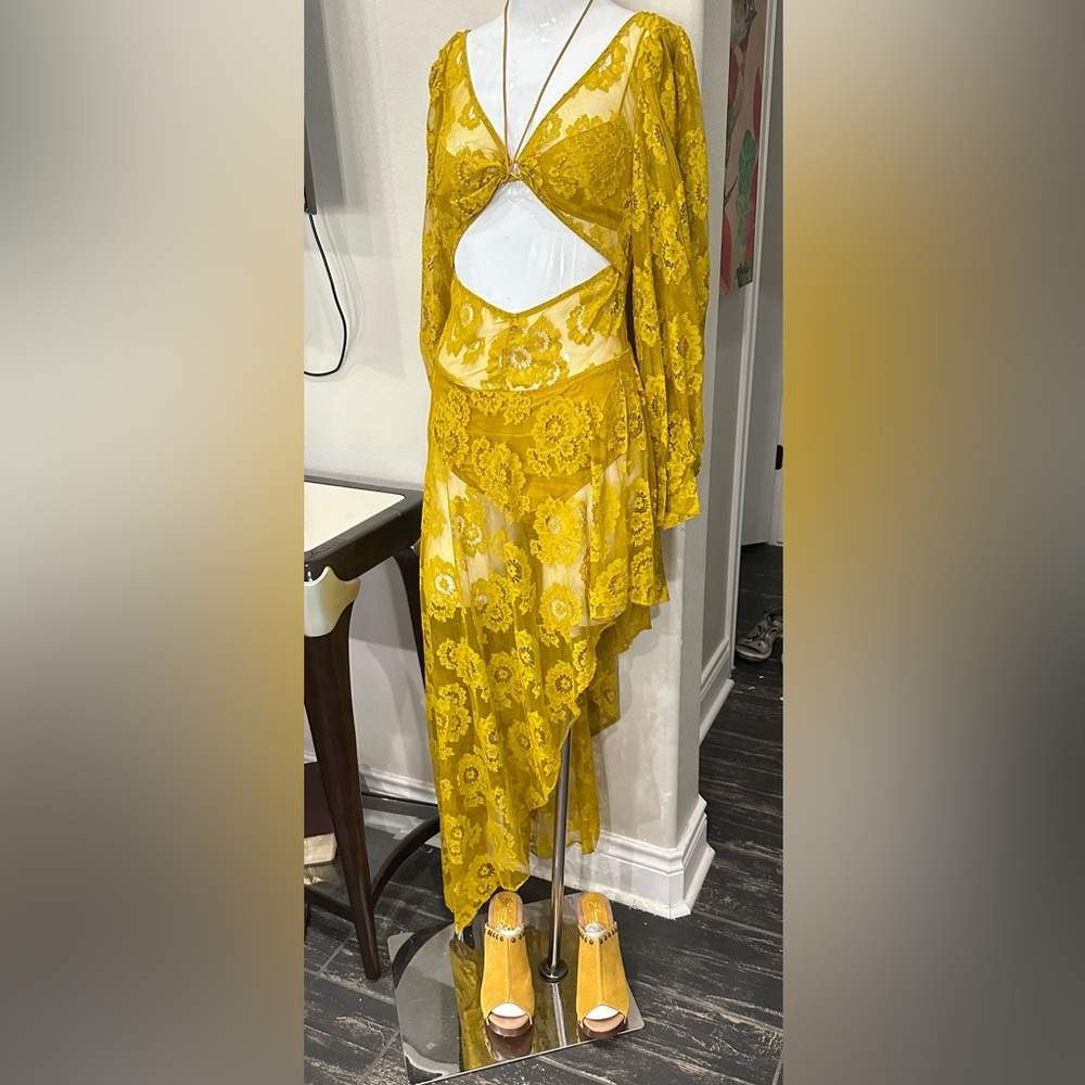 NWT For Love & Lemons Mustard Yellow Lace Cutout Maxi Dress
